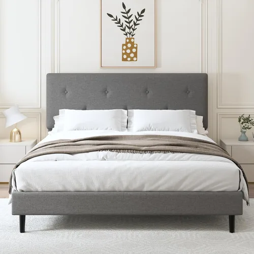 Vista 8 de Marco de cama de lino tamaño matrimonial con cabecero ajustable Beige