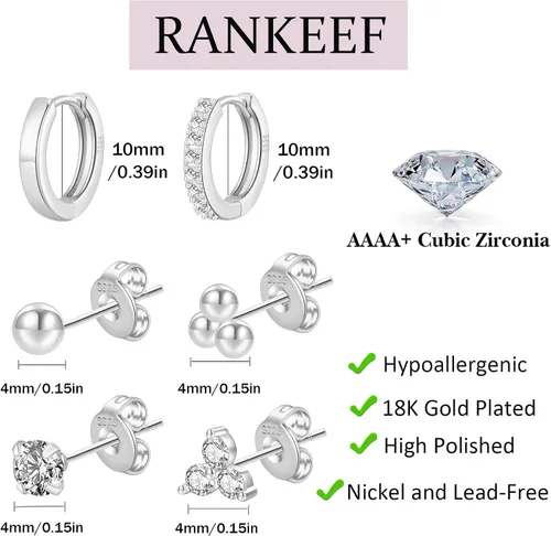 Vista 2 de Juego de aretes de plata de ley para mujer, hipoalergénicos, ligeros, pequeños aretes de oro para mujer