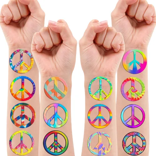 Vista 6 de 100 piezas de tatuajes temporales hippie de paz y amor, decoración de fiesta de cumpleaños, suministros de decoración, letrero de la paz teñido