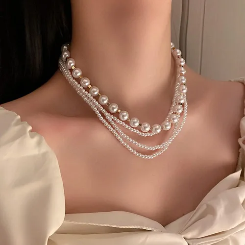 Vista 2 de Gargantilla corta de 4 niveles con borlas de perlas multicapa para novia, accesorios para mujer, Metal