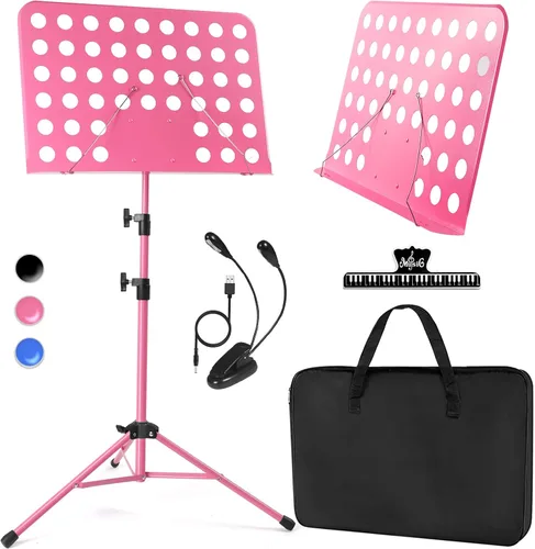 Vista 8 de lotmusic Soporte de música azul, soporte portátil para partituras, soporte de música plegable y ajustable en altura con bolsa, clip de partitura