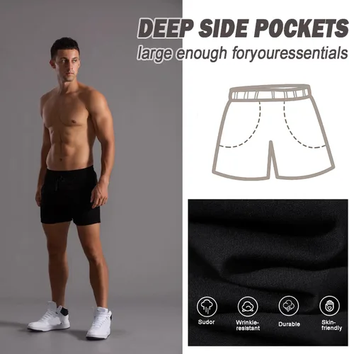 Vista 3 de Pantalones cortos de algodón de 5.5/7 pulgadas para hombre, pantalones cortos de entrenamiento de algodón con bolsillos