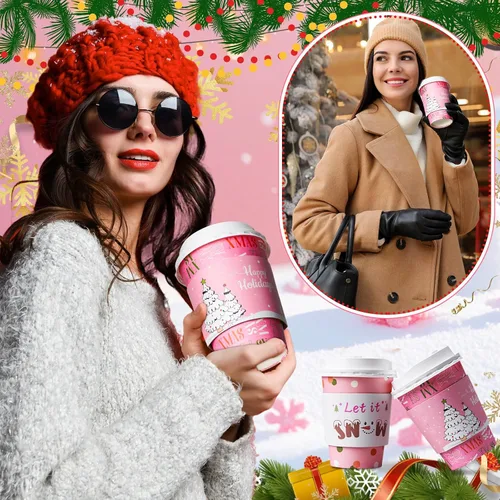 Vista 5 de Yungyan Paquete de 100 Tazas de Café Desechables de Navidad de 12 oz con Tapas y Mangas Tazas de Café de Papel Aisladas con Tapas Abovedadas