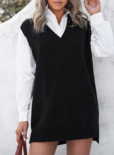 Vista 2 de EVALESS Chaleco Suéter de Gran Tamaño para Mujeres Cuello en V Sin Mangas Color Sólido Suéter Pullover Suelto