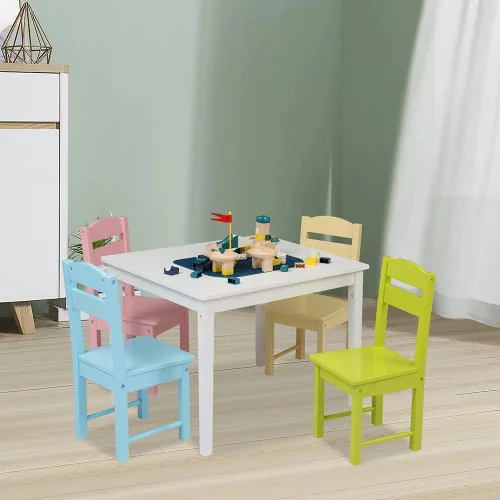 Vista 2 de Juego de mesa y 4 sillas de madera para niños, juegos de mesa de actividades para niños pequeños para dibujar lectura arte sala de juegos, muebles