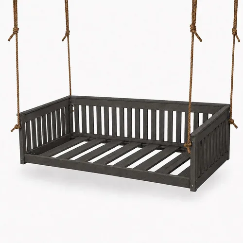 Vista 14 de Amish Twin Poly Lumber Wood Hanging Daybed, Antique Mahogany, USA Made Deep Seating Mission Collection HDPE Poly Lumber Twin Daybed with Rope