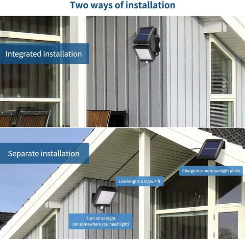 Vista 3 de Luz de pared de energía solar, luz con sensor de movimiento al aire libre, 56 LED, luz nocturna de seguridad, panel solar separable para patio