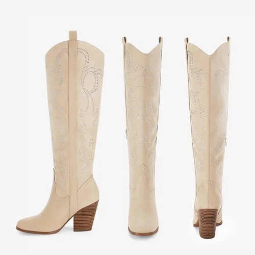 Vista 9 de Botas vaqueras para mujer, hasta la rodilla, botas vaqueras bordadas con punta puntiaguda y tacón grueso, botas vaqueras para otoño, invierno