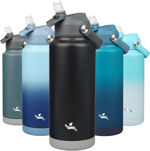 Vista 43 de Konokyo Botella de agua aislada con tapa de pajilla, botella de metal al vacío de acero inoxidable de 18 onzas con mango de silicona, color negro
