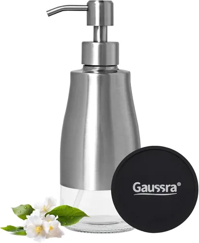 Vista 11 de Gaussra Dispensador de jabón con posavasos y calcomanías, dispensador de bomba de mano de vidrio de acero inoxidable dorado cepillado, botella