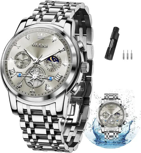 Vista 11 de OLEVS Relojes para hombre de plata, reloj de cronógrafo de acero inoxidable para hombre, reloj analógico de cuarzo de cara grande para hombre