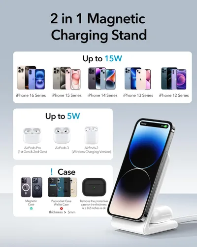 Vista 13 de 2-en-1 para soporte de carga compatible con Magsafe con bloque de carga USB-C PD de 20W y cable, cargador inalámbrico de carga rápida diseñado
