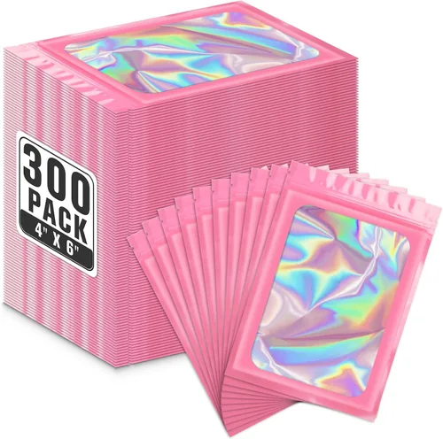 Vista 13 de ANZNKU 300 bolsas holográficas de Mylar resellables, bolsas resellables de 4x6 pulgadas para pequeñas empresas, bolsa de kit para resaca a prueba