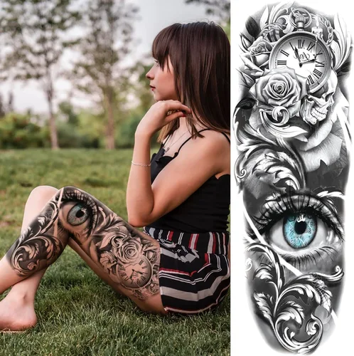 Vista 7 de Tatuajes de manga temporal de bosque para piernas de mujer, brazo completo, grande, leopardo, serpiente, león, lobo, tribal, manga de tatuaje falso