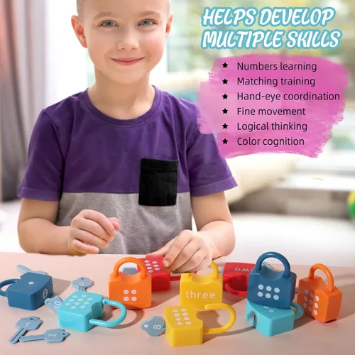 Vista 5 de Dinhon Kids - Cerraduras de aprendizaje con llaves, juguete para jugar con los números y contar, juguetes educativos Montessori para niños y niñas