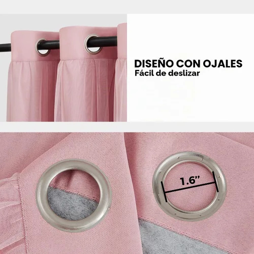 Vista 7 de cortinas 100% opacas para dormitorio, cortinas rosadas de doble capa, cortina oscura de 96 pulgadas de largo con superposición transparente