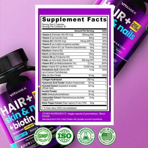 Vista 7 de Biotina Colágeno Potenciador de queratina con ácido hialurónico – Suplemento para el crecimiento del cabello más grueso, piel saludable y uñas