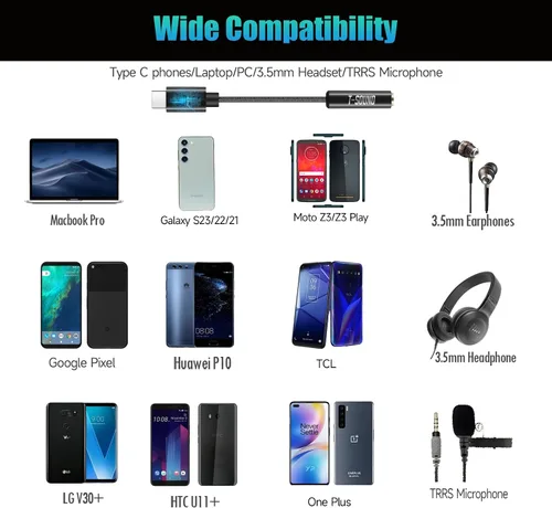 Vista 7 de Adaptador USB C para auriculares, T-Sound USB tipo C a conector de auriculares hembra de 0.138 in (DAC de alta resolución) compatible con MacBook