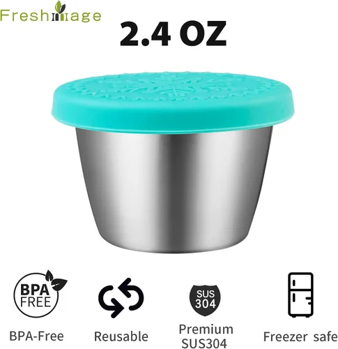 Vista 2 de Freshmage [Paquete de 6 de 2.4 onzas] Recipiente de aderezo de acero inoxidable con tapas de silicona, recipientes reutilizables a prueba de fugas