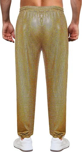 Vista 3 de WULFUL Pantalones deportivos metálicos para hombre, disfraz de discoteca de los años 70, con lentejuelas