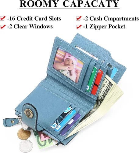 Vista 2 de FALAN MULE Cartera pequeña para mujer, de piel auténtica, plegable, compacta, con bloqueo RFID, pequeña cartera para mujer, AA-Azul claro, Moda