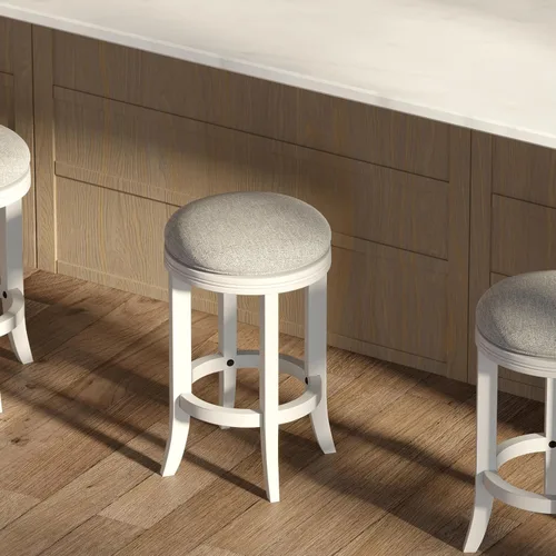 Vista 2 de NewRidge Home Goods Avery Taburete de bar de madera sin respaldo de 25 pulgadas con asiento giratorio gris tapizado, marco blanco, 25 pulgadas
