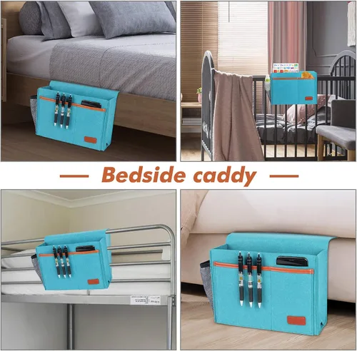 Vista 3 de Organizador de Mesita de Noche, Organizador de Almacenamiento de Cama para Control Remoto, Libros, Revista, Soporte para Laptop, Bolsa