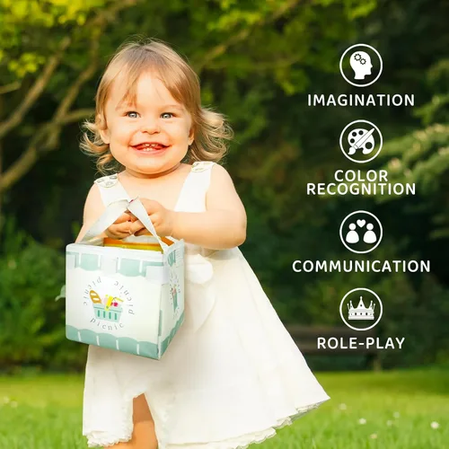 Vista 5 de Juego de picnic – Comida de madera para jugar – Juegos de comida para niños – Comida de simulación, comida de juguete con bolsa de almacenamiento