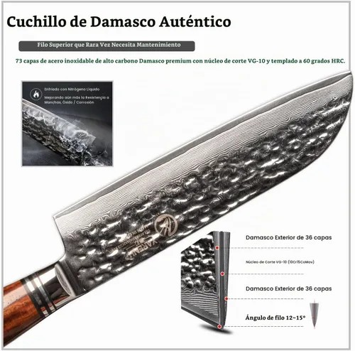 Vista 5 de YARENH Santoku - Cuchillo de chef de cocina afilado de 73 capas, acero de damasco, resistente a la corrosión, mango de sándalo