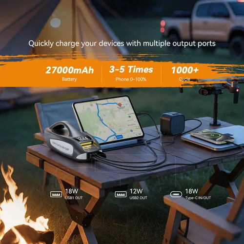 Vista 4 de Arrancador de 6000A con compresor de aire, arrancador de batería de automóvil portátil de 27000mAh y 160PSI, paquete de batería de 12V