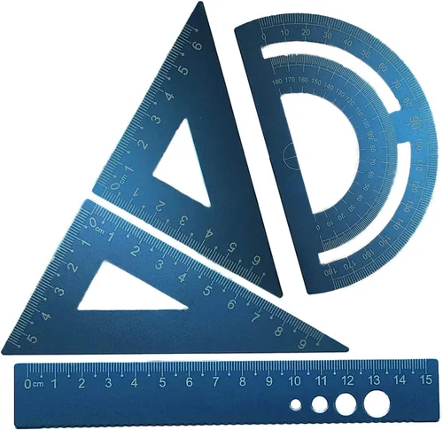 Vista 7 de Paquete de 4 herramientas de geometría matemática de metal negro de aleación de aluminio recto, transportador de regla triangular, herramientas