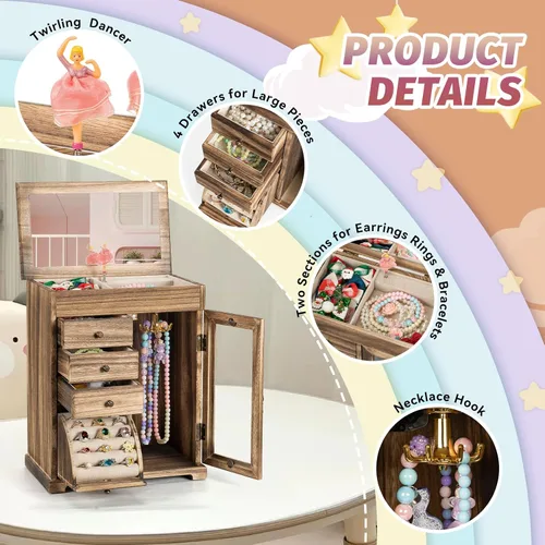 Vista 6 de Miratino Joyero musical para niñas, joyero para niños con bailarina giratoria, 5 capas grandes de madera, cajas de joyería y organizadores, regalos