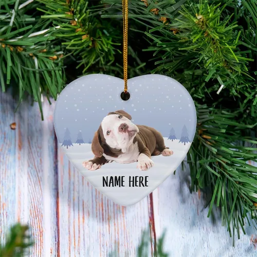 Vista 2 de Personalized Name American Bully Brown Lying Christmas Tree Ornaments Ceramic Heart Decorations Gifts for Dog Lovers