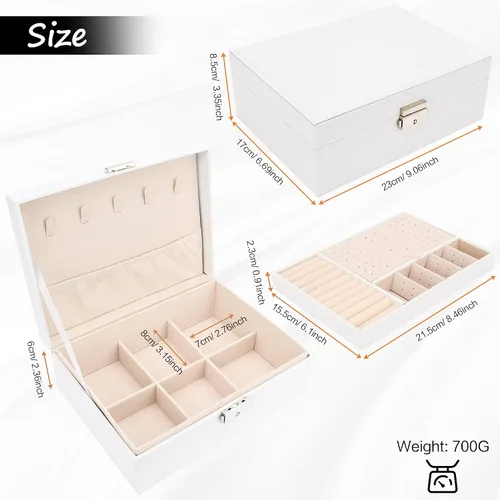 Vista 3 de DesignSter Joyero organizador con cerradura, 2 capas de piel sintética, soporte de joyería con bandeja extraíble para collares, aretes, anillos