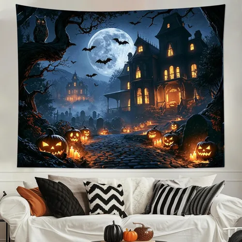Vista 17 de LB Tapiz espeluznante de cementerio de Halloween, lápida aterradora con árboles muertos, tapiz de bosque para colgar en la pared, tapiz de fondo
