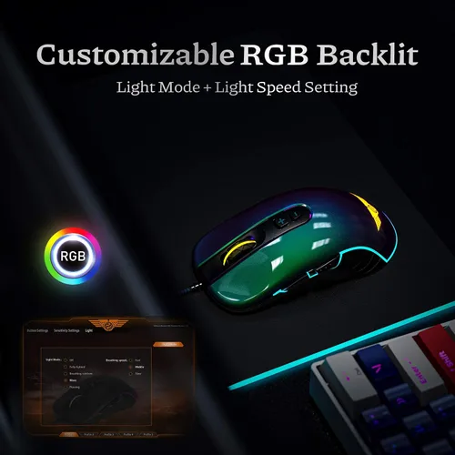 Vista 4 de Newmen Mouse para juegos GX6 RGB 7 botones programables con cable sensor óptico de hasta 7200 DPI retroiluminación RGB mouse ergonómico ligero