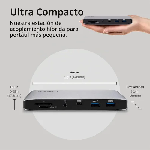 Vista 5 de Kensington SD2480T Thunderbolt 3 y USB-C Dual 4K Estación de acoplamiento con lector de tarjetas PD, SD y Micro SD de 60 W, para Windows y MacBooks