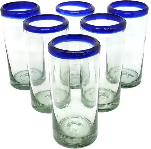 Vista 10 de Vasos de 10 onzas con borde azul cobalto (juego de 6), vidrio reciclado, sin plomo, sin toxinas (Tumbler)