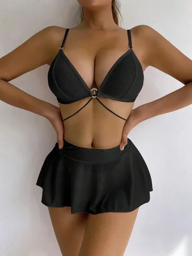 Vista 5 de SHENHE Conjunto de lencería sexy para mujer, brasier sin varillas, con minifalda