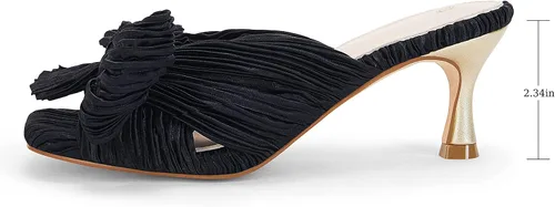 Vista 4 de Coutgo Sandalias de tacón con lazo para mujer, tacones plisados con lazo, puntera cuadrada abierta, lindos tacones de gatito, zapatos de vestir