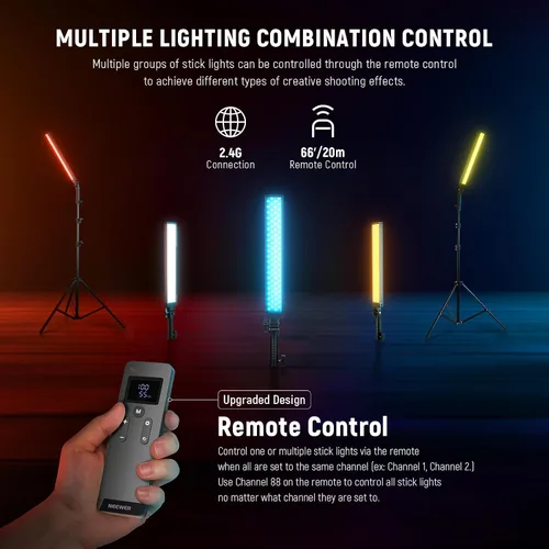 Vista 4 de NEEWER Barra de luz de video LED mejorada y kit remoto de 2.4G, paquete de 2 unidades regulables de mano 3200K ~ 5600K CRI97+ iluminación de video