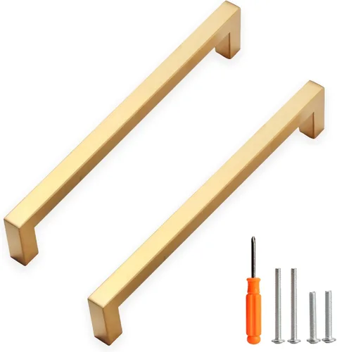 Vista 18 de Tiradores para gabinete dorados, manijas cuadradas para cajones, paquete de 2, manijas de acero inoxidable para cocina de 13-4/5 pulgadas, herrajes