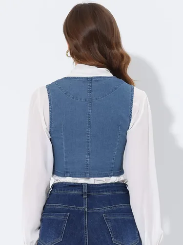 Vista 4 de Allegra K Chaleco de mezclilla para mujer con botones y sin mangas