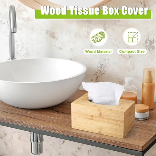 Vista 3 de Funda rectangular para caja de pañuelos de bambú, caja de pañuelos rectangular con parte inferior deslizante, cubo decorativo para pañuelos faciales