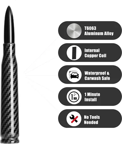Vista 3 de 50 Cal Truck Bullet Antena diseño de fibra de carbono compatible con Ford F150 F250 F350, Dodge RAM 1500, Chevy Silverado, GMC Sierra, Jeep