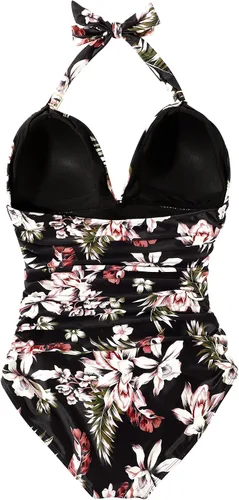 Vista 74 de RXRXCOCO - Traje de baño fruncido de una pieza, con cuello en V, para mujer, con control de abdomen y cuello halter