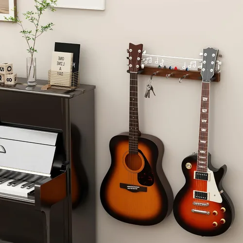 Vista 7 de CoolGift Mart Soporte de pared para guitarra iluminado, capacidad para 2 guitarras con 3 llaveros enchufables, diseño de notas musicales