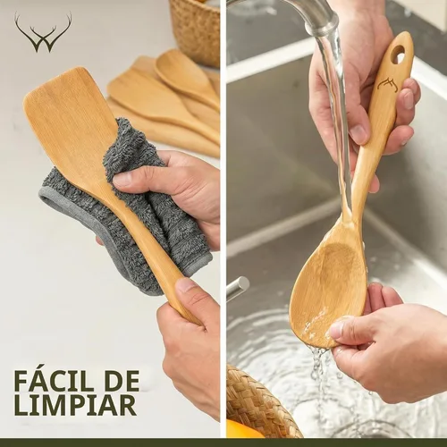 Vista 6 de Prime - Juego de 3 cucharas de madera de bambú para cocinar, utensilios de cocina de madera con mango largo, incluye cuchara plana de madera