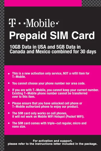 Vista 3 de Tarjeta SIM prepagada de Canadá, México y EE. UU. T-Mobile 10GB 4G LTE Datos en Estados Unidos y 5GB de datos en Canadá o México combinados