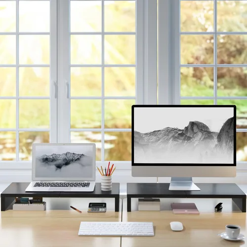 Vista 8 de TEAMIX Paquete de 2 soportes para monitor de 20 pulgadas, soporte de escritorio negro para PC/TV/portátil/impresora, organizador de estante